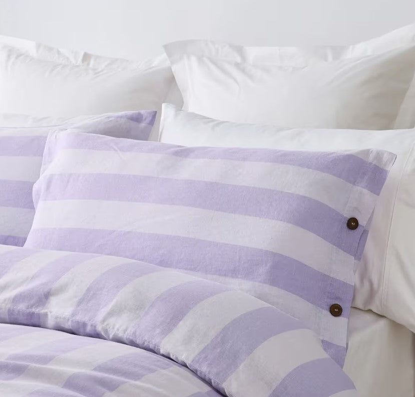 Lilac Stripe Linen Cotton Blend Coconut Button Feature Quilt Cover Set QUEEN NEW