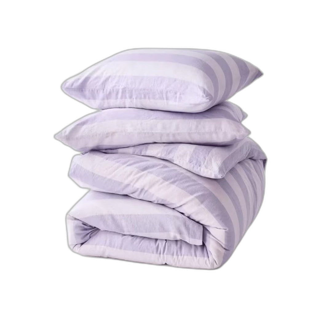 Lilac Stripe Linen Cotton Blend Coconut Button Feature Quilt Cover Set QUEEN NEW