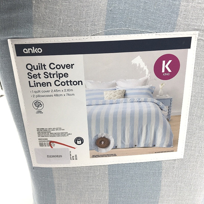 Blue Stripe Linen Cotton Blend Coconut Button Feature Quilt Cover Set KING NEW