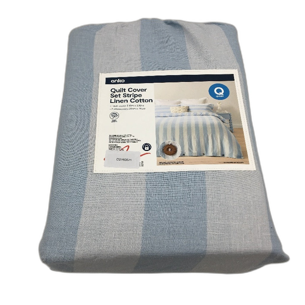 Blue Stripe Linen Cotton Blend Coconut Button Feature Quilt Cover Set QUEEN NEW
