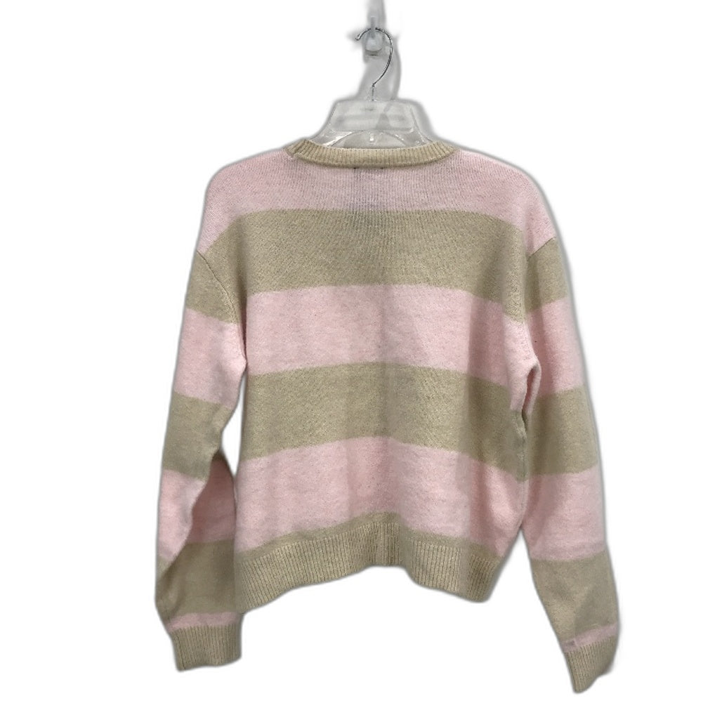 Dotti Avery Crew Neck Fluffy Knit Pink Cream Stripe Sweater Ladies Sz Medium NEW
