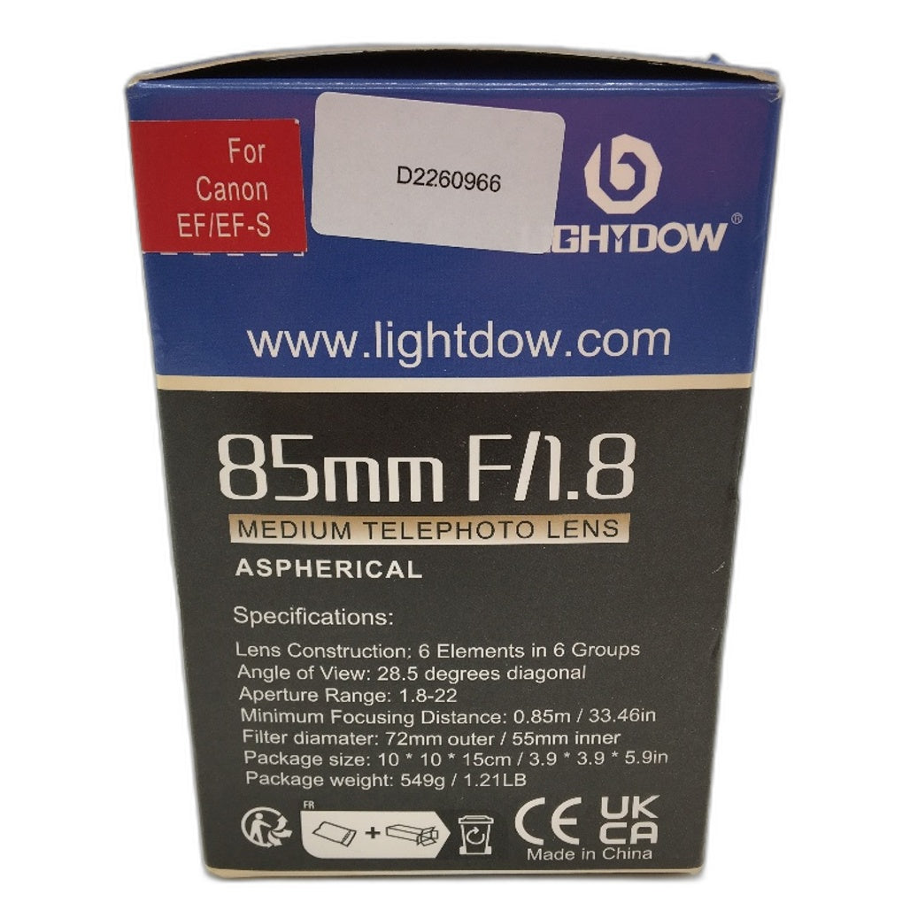 Lightdow 85MM F/1.8 High Def Medium Telephoto Lens Aspherical For Canon EF/EF-S