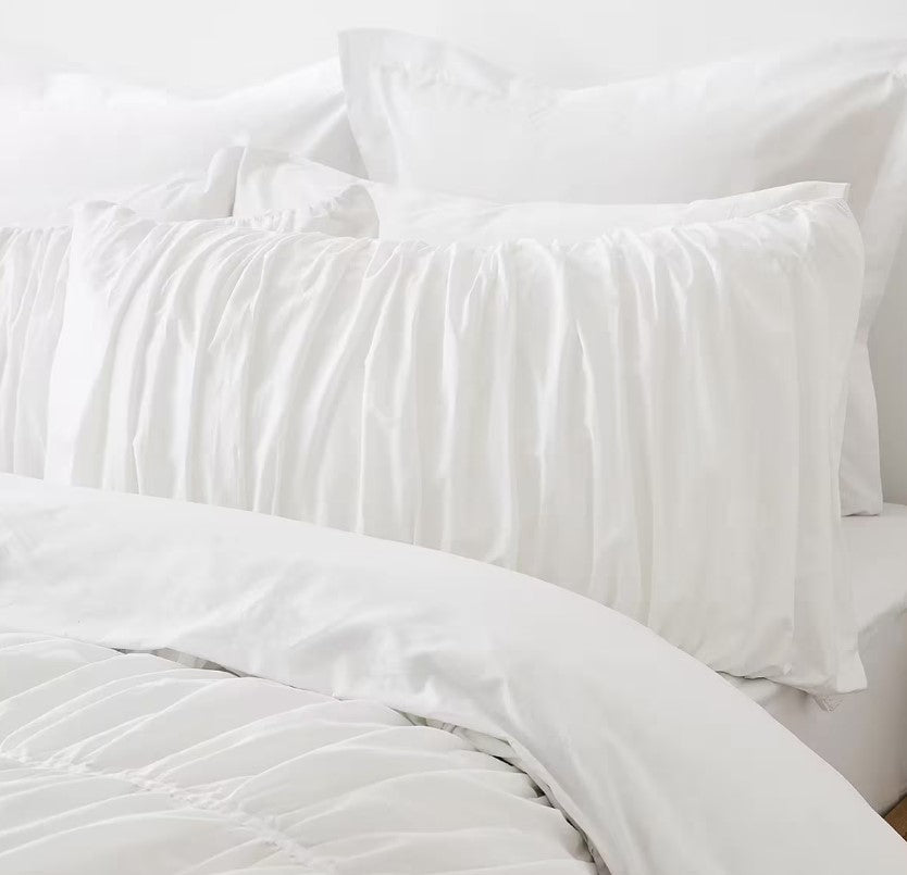 Easy Care Ruched Design White Arlo 100% Cotton Quilt Cover Set QUEEN Bed NEW