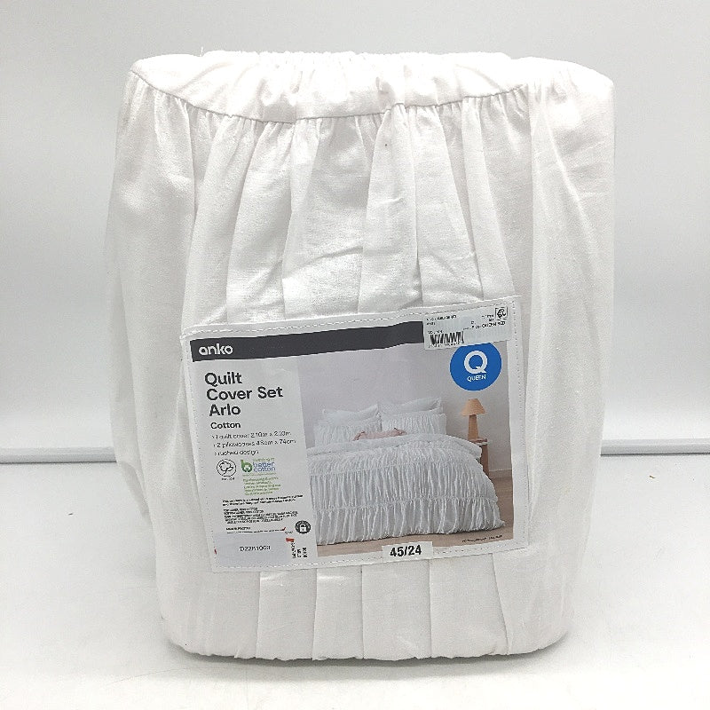Easy Care Ruched Design White Arlo 100% Cotton Quilt Cover Set QUEEN Bed NEW