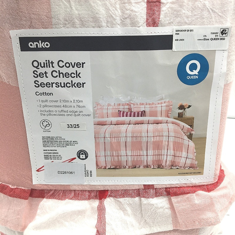 Easy Care Pink Ruffle Check Seersucker 100% Cotton Quilt Cover Set QUEEN Bed NEW