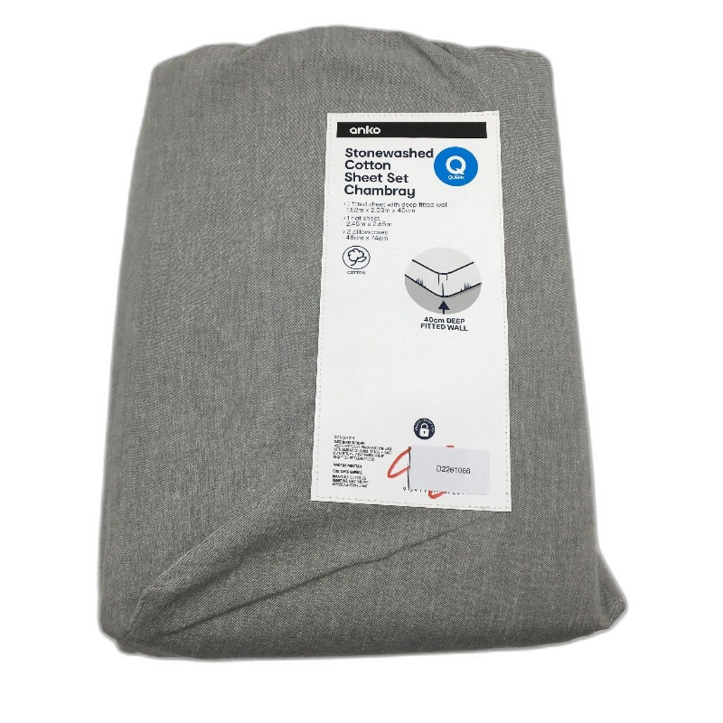 Home Decor Stonewashed 100% Cotton Flex Grey Chambray Sheet Set QUEEN NEW