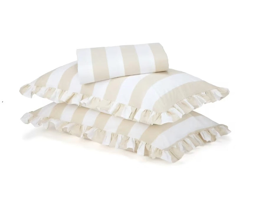Sand Beige Thick Striped 250 Thread Count Ruffle Cotton Sheet Set QUEEN NEW