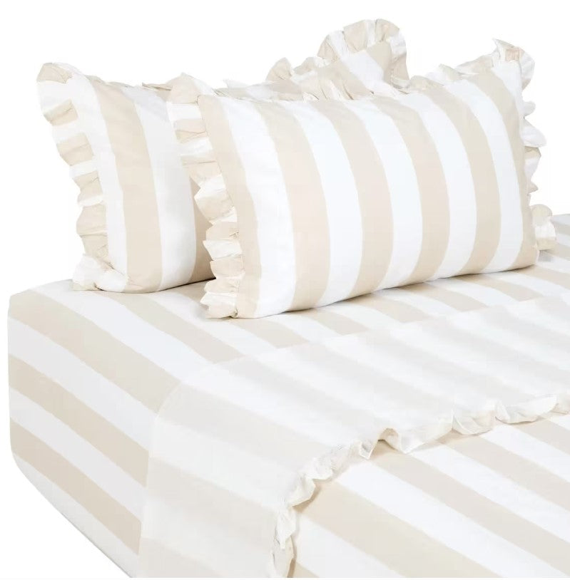 Sand Beige Thick Striped 250 Thread Count Ruffle Cotton Sheet Set QUEEN NEW
