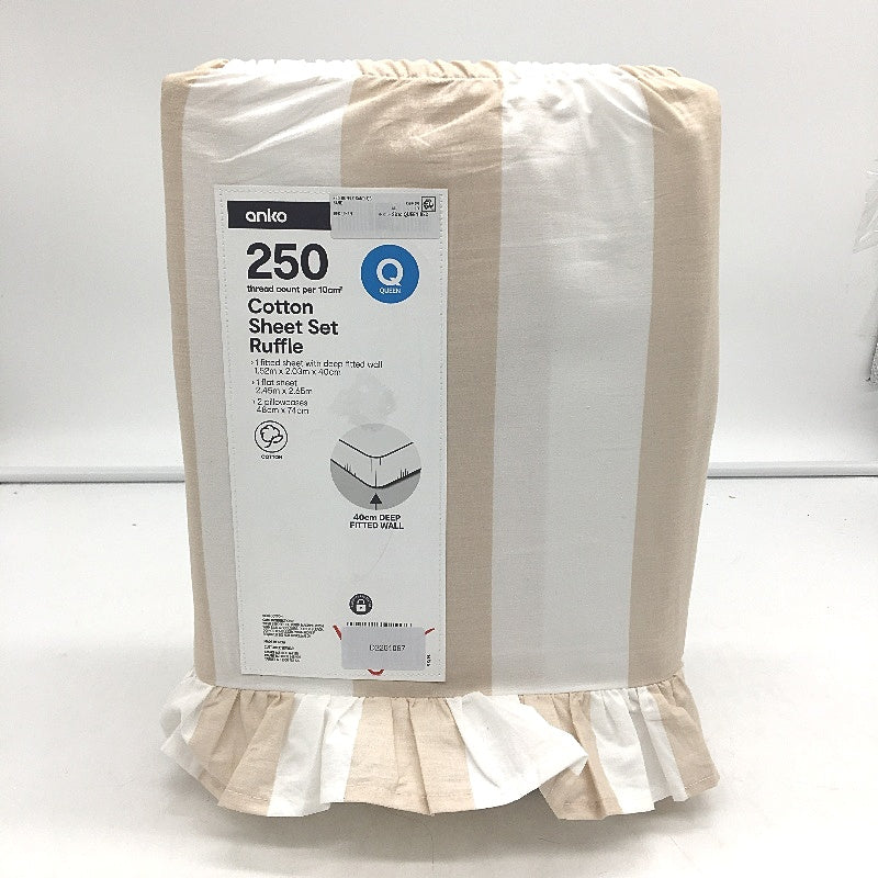 Sand Beige Thick Striped 250 Thread Count Ruffle Cotton Sheet Set QUEEN NEW