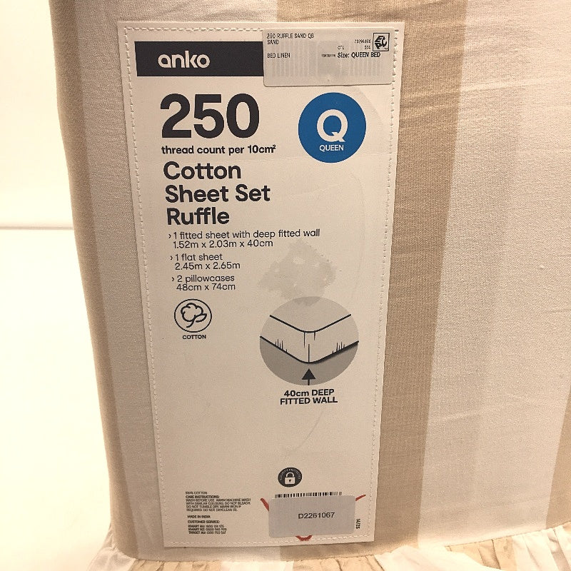 Sand Beige Thick Striped 250 Thread Count Ruffle Cotton Sheet Set QUEEN NEW