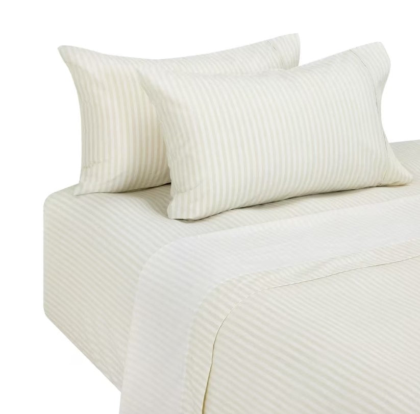 Natural Beige Thin Stripes 250 Thread Count 100% Cotton Sheet Set QUEEN NEW