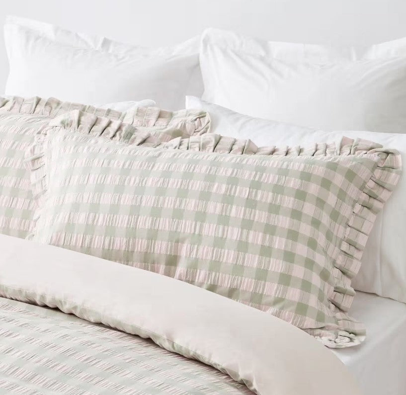 Easy Care Sage & Pink Gingham Ruffle 100% Cotton Quilt Cover Set QUEEN Bed NEW