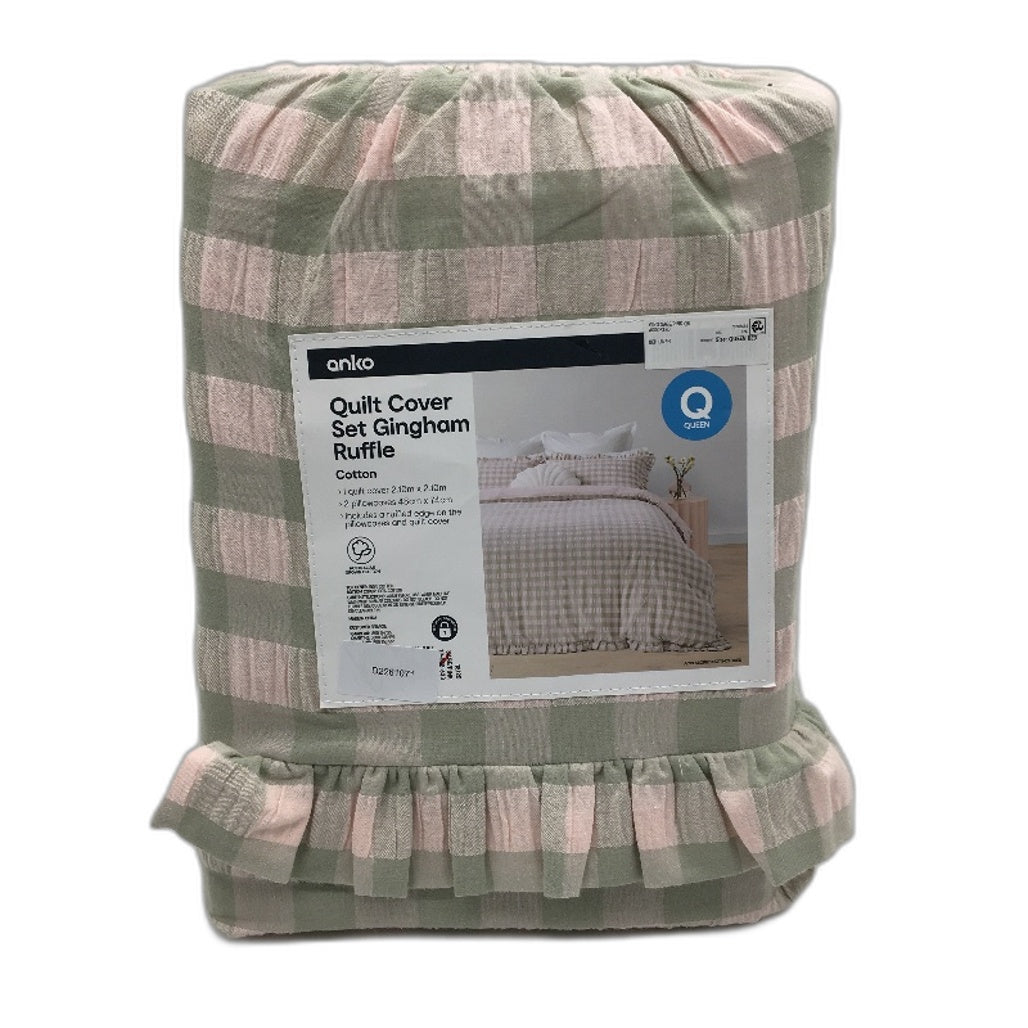 Easy Care Sage & Pink Gingham Ruffle 100% Cotton Quilt Cover Set QUEEN Bed NEW