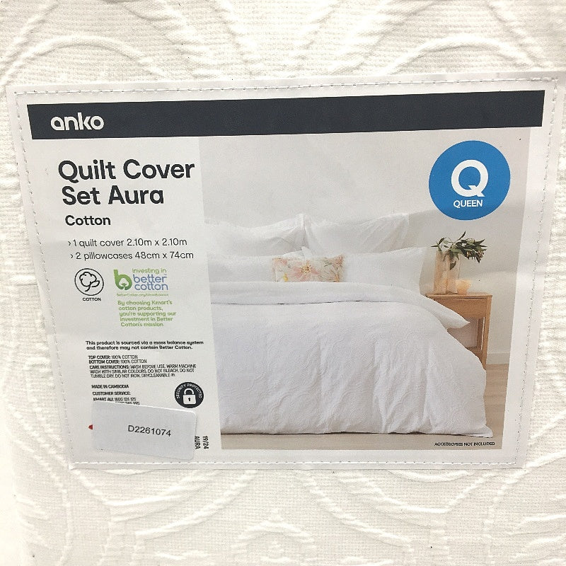 Easy Care Aura White Jacquard Percale 100% Cotton Quilt Cover Set QUEEN NEW