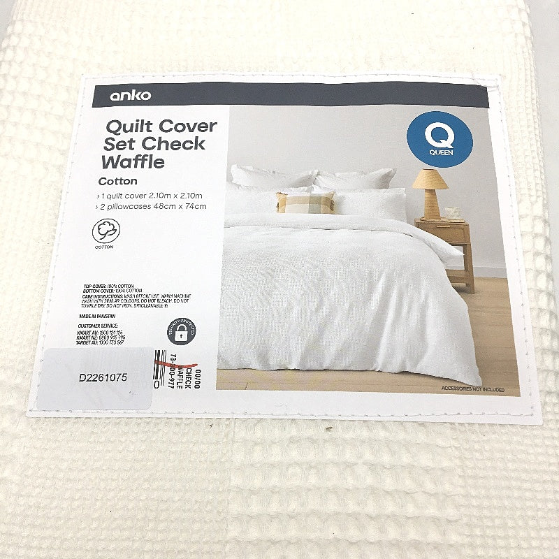 Easy Care Soft White Waffle Check 100% Cotton Quilt Cover Set QUEEN NEW