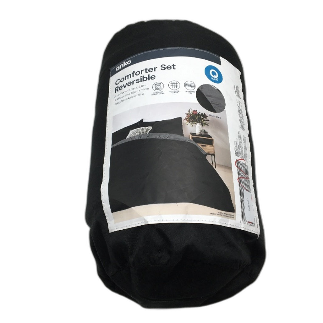 Easy Care Machine Wash Black & Grey Reversible Comforter Set Bed QUEEN Size NEW
