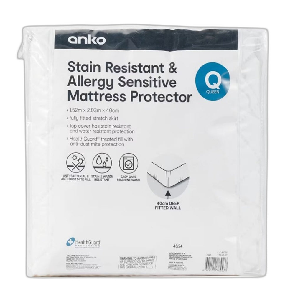 Healthguard Stain Resistant and Allergy Sensitive Mattress Protector QUEEN NEW