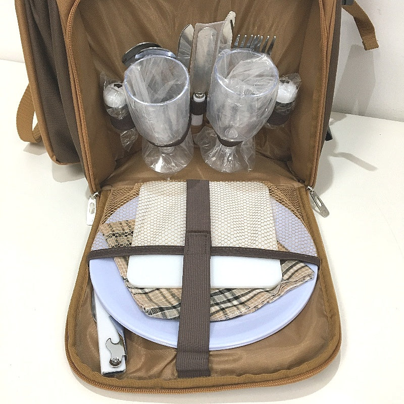 Hap Tim 2 Person Brown Stripe Picnic Backpack incl Cutlery Set and Blanket NEW