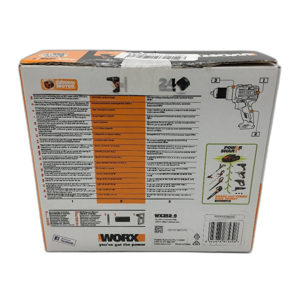 WORX WX352.9 20V Max 13mm 60Nm Brushless Mottor Hammer Drill TOOL ONLY NEW