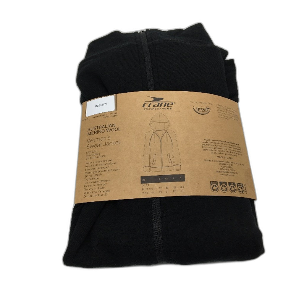 Crane Black Hooded Australian Merino Wool Sweat Zip Up Jacket Ladies Size M NEW