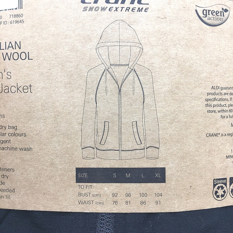 Crane Black Hooded Australian Merino Wool Sweat Zip Up Jacket Ladies Size M NEW