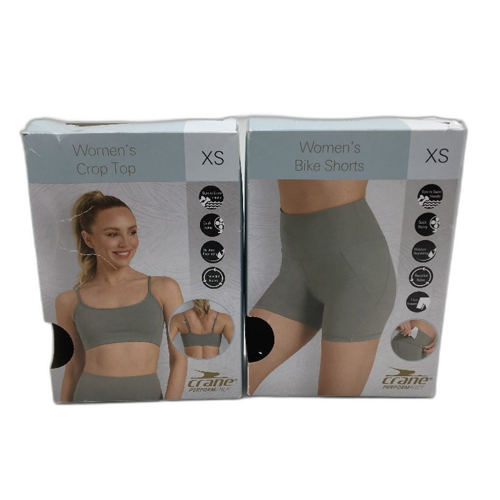 Crane Performance Green 2 Piece Activewear Crop Top & Bike Shorts Size 8 XS NEW