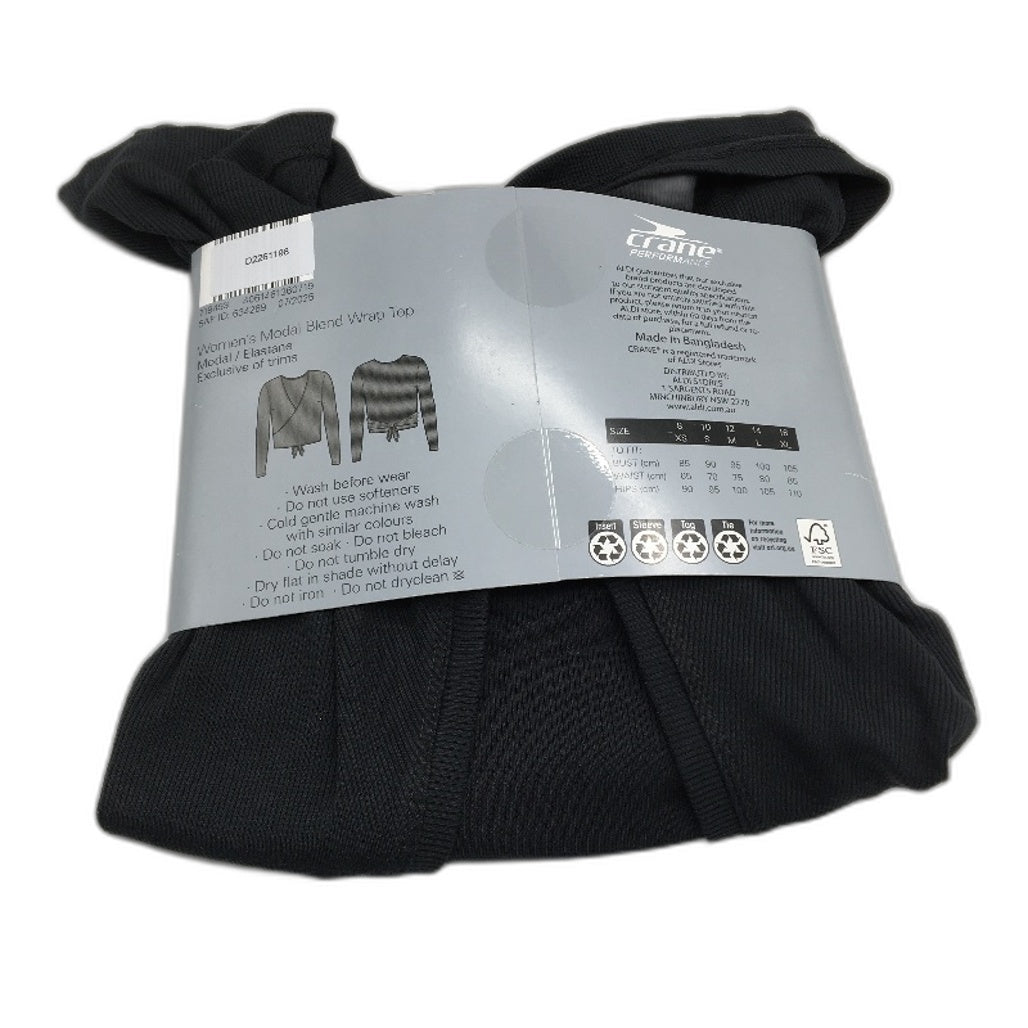 Crane Performance Black Moisture Regulating Modal Blend Wrap Top Size L NEW