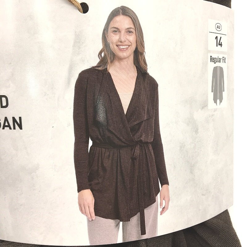 Crane Performance Brown Fine Wool Blend Wrap Cardigan Top Ladies Size 14 NEW