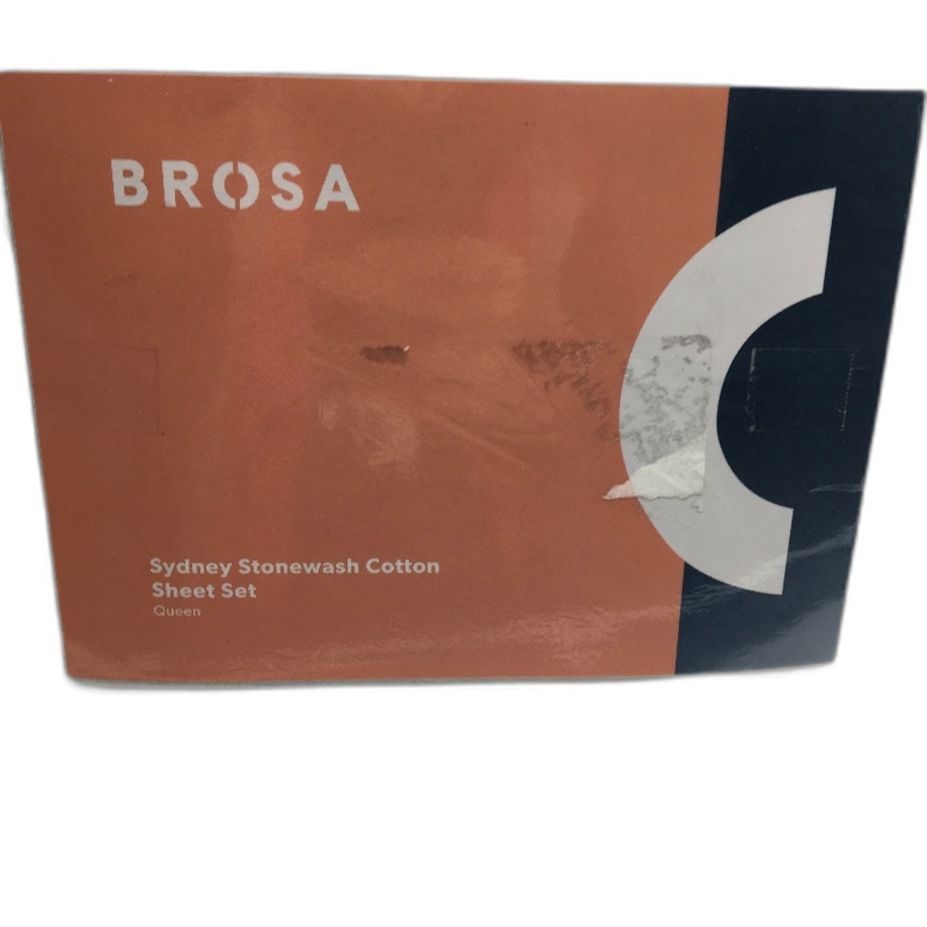 Brosa Sydney Stonewash 100% Cotton Bed Sheet Set White Nibus Cloud QUEEN Bed NEW