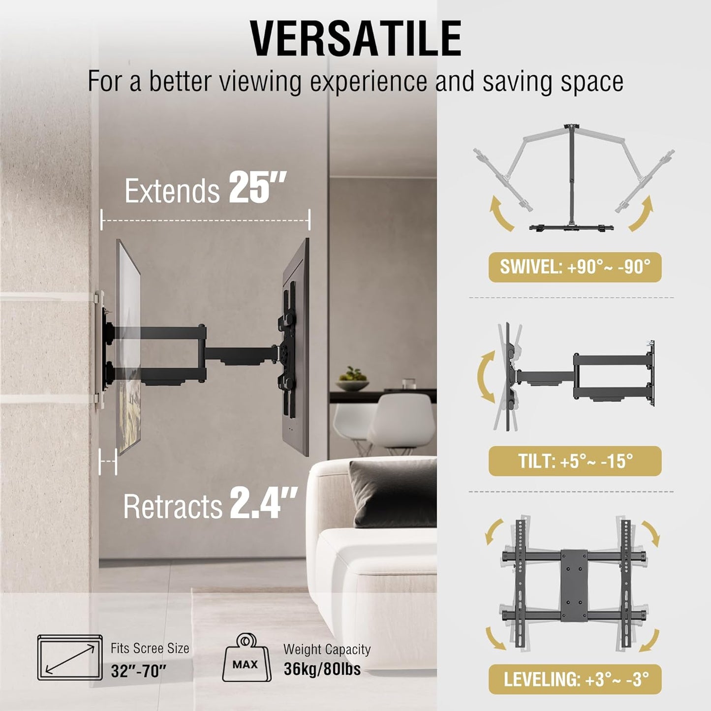 CondoMounts CLMTVA1144 Full Motion Small Pillar TV Mount 32 To 70 Inch TV NEW