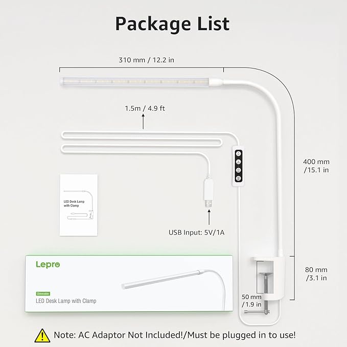 Lepro LED Desk Lamp With Clamp Clip On Dimmable Reading Light 3 Colour Modes NEW