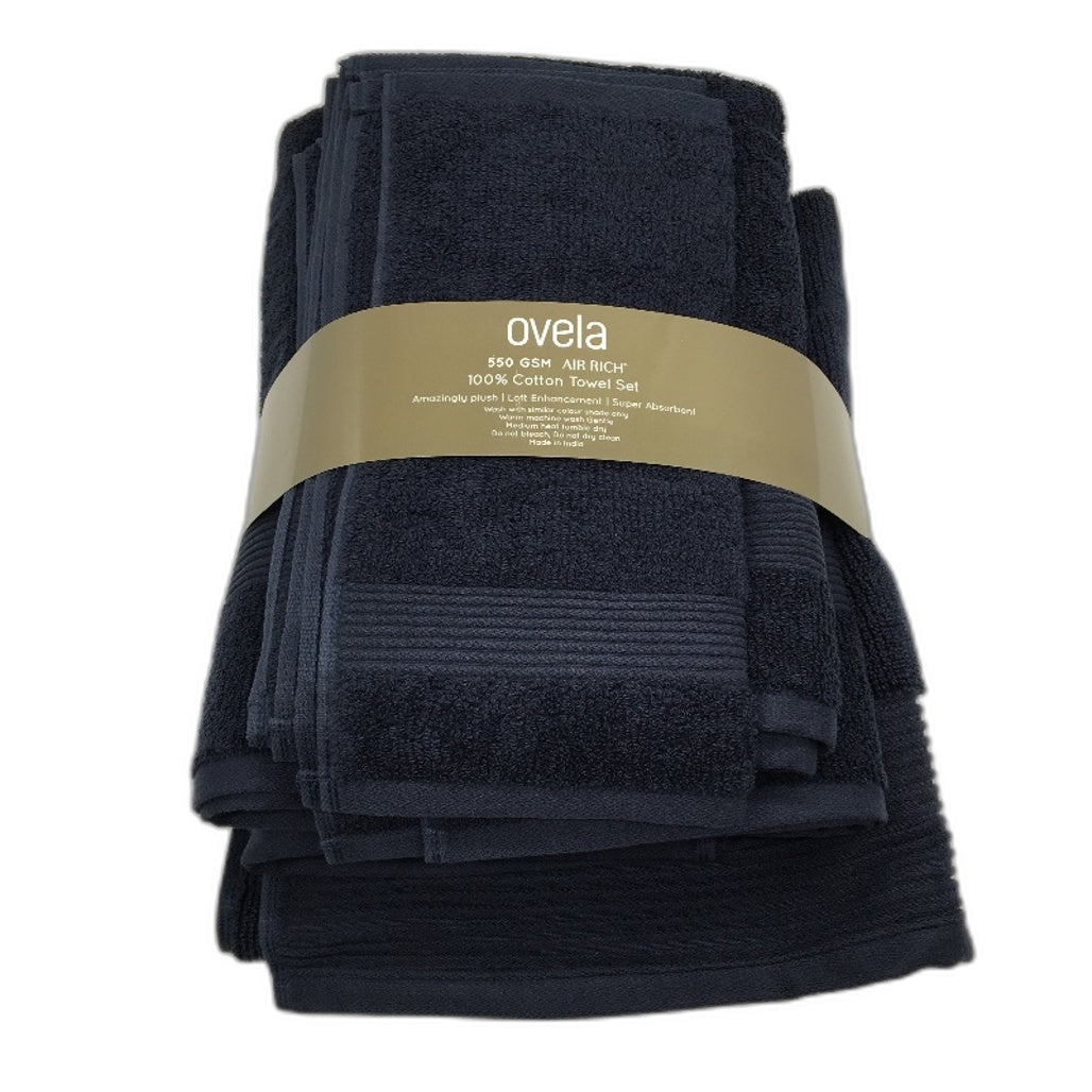 Ovela Air Rich Plush Luxury 550GSM 100% Cotton Navy Blue 7Pce Bath Towel Set NEW