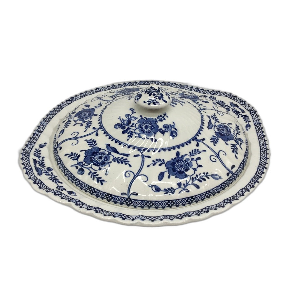 VINTAGE Johnson Brothers England 2 Bowls With Lids Set Blue & White Pottery