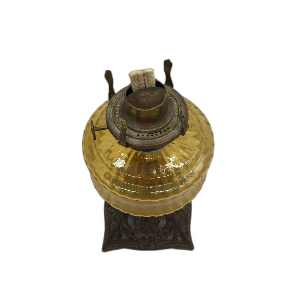 VINTAGE Amber Glass & Cast Iron Metal Kerosene Lamp -No Shade/Cover 26cm