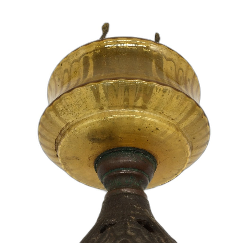 VINTAGE Amber Glass & Cast Iron Metal Kerosene Lamp -No Shade/Cover 26cm