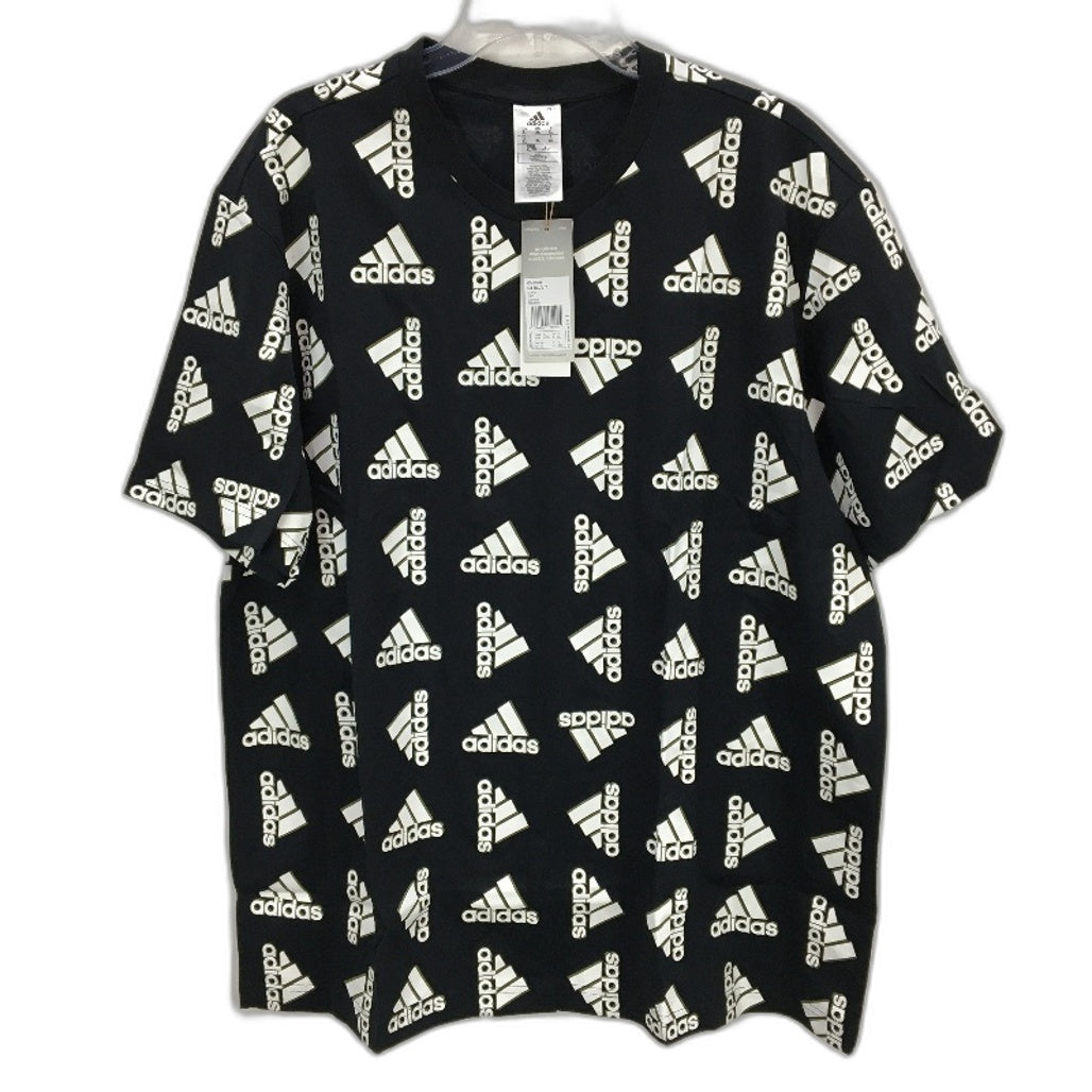 Adidas Printed Multi Logo Pattern Black Cotton T-Shirt Mens Size XL NEW