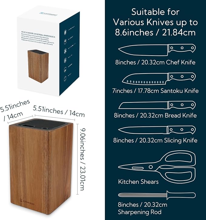 KITCHENDAO Deluxe Acacia Wood Universal Knife Storage Block Space Saver NEW