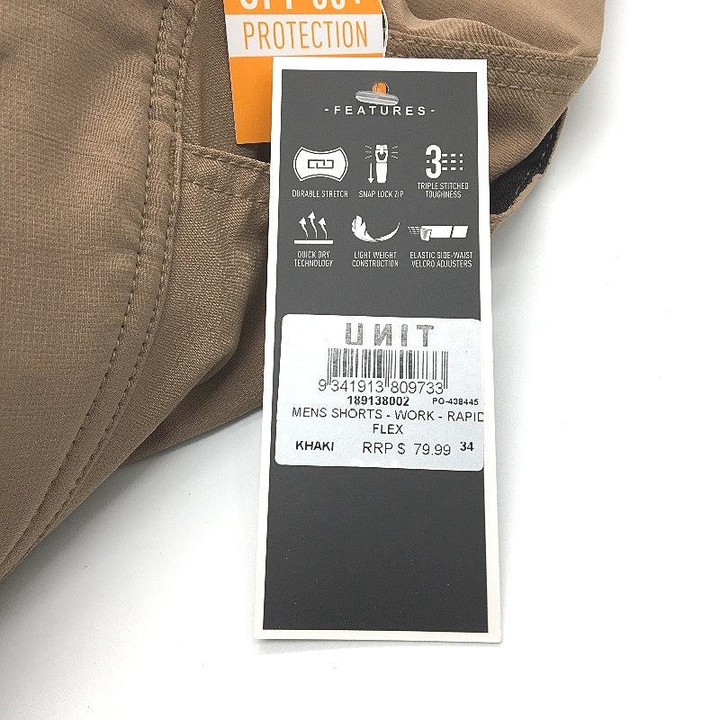 Unit Elite Performance Rapid Flex Khaki Work Shorts Mens Size 34 NEW