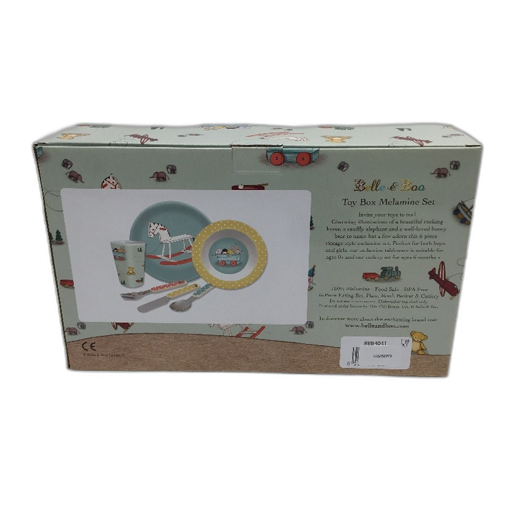 Belle & Boo 6 Piece Melamine Toy Box Design Dinner & Cutlery Set BPA Free NEW