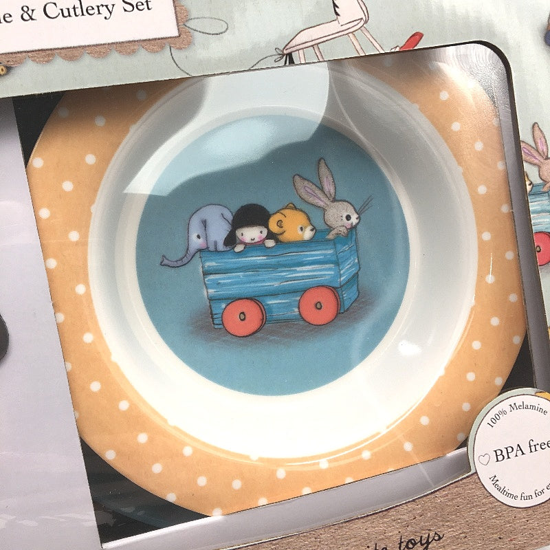 Belle & Boo 6 Piece Melamine Toy Box Design Dinner & Cutlery Set BPA Free NEW