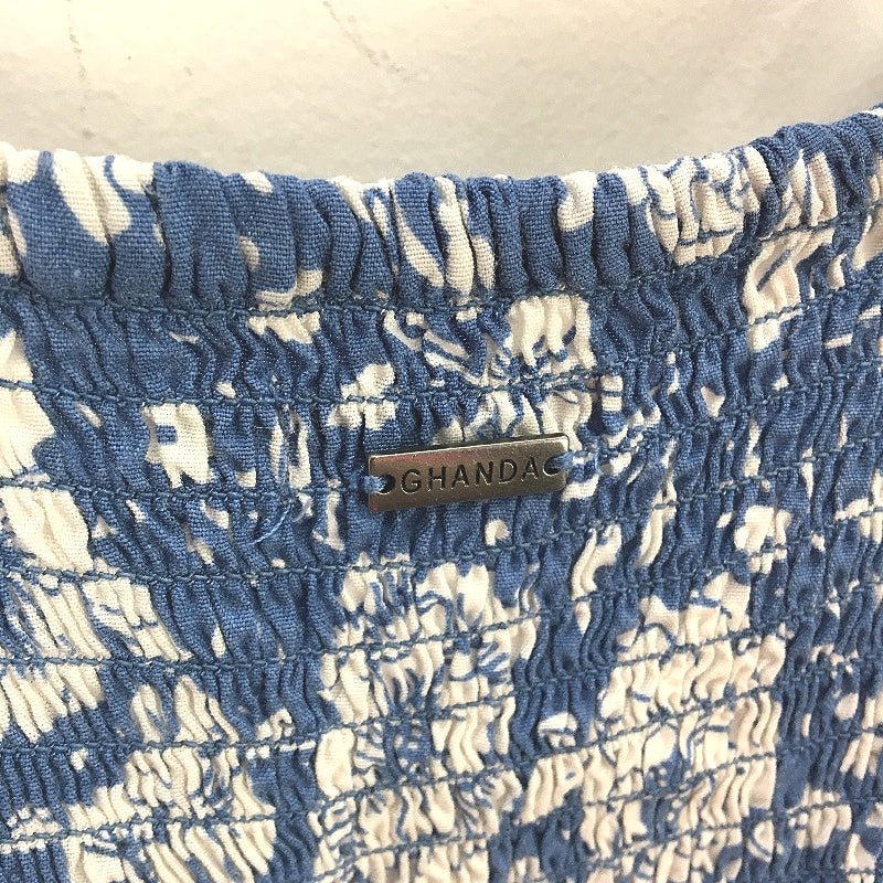 Ghanda 1984 Frilly Ruched Back Blue Floral Mini Dress Ladies Size Large