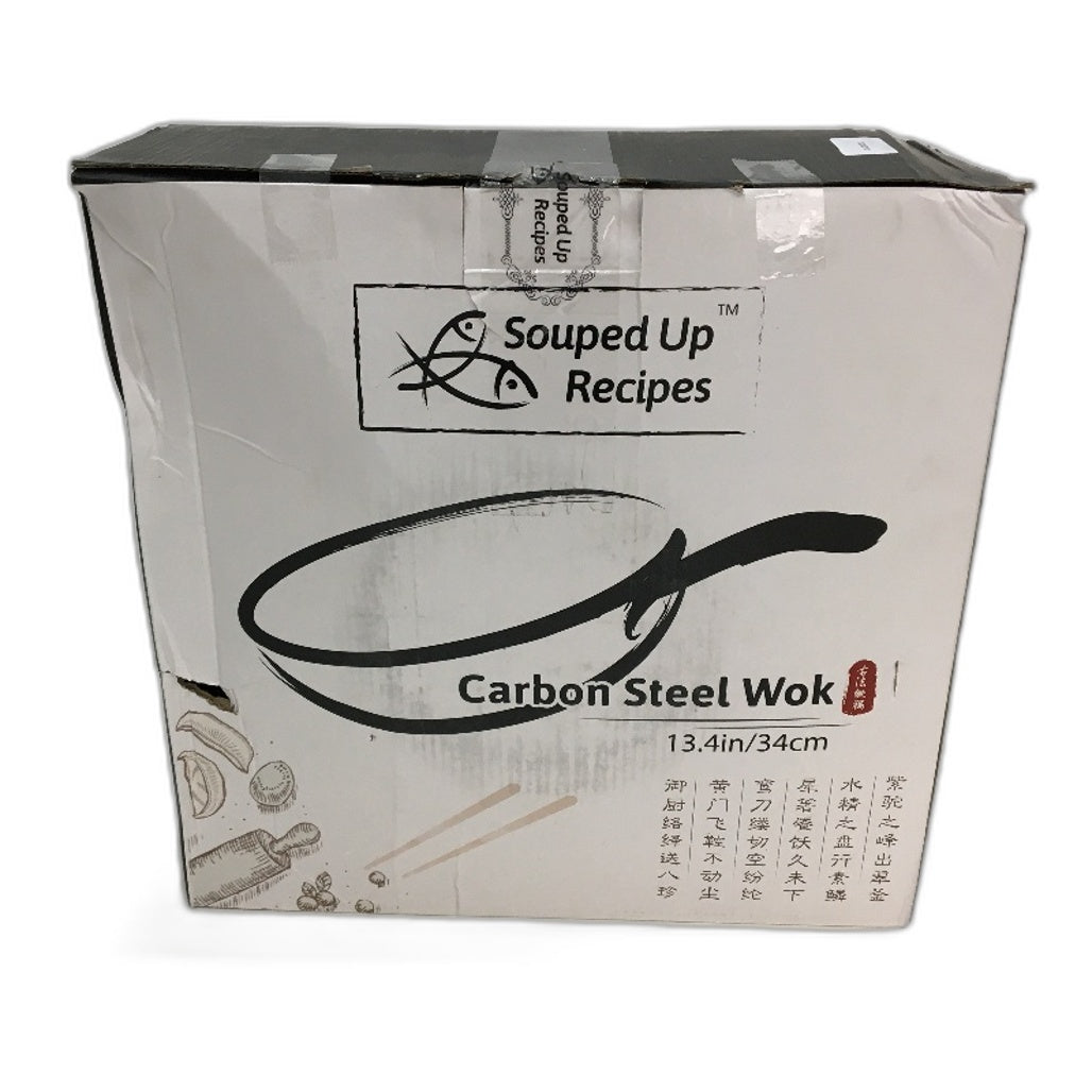 Souped Up Recipes 13.4 Inch Preseasoned Carbon Steel Wok with Wooden Lid DEMO