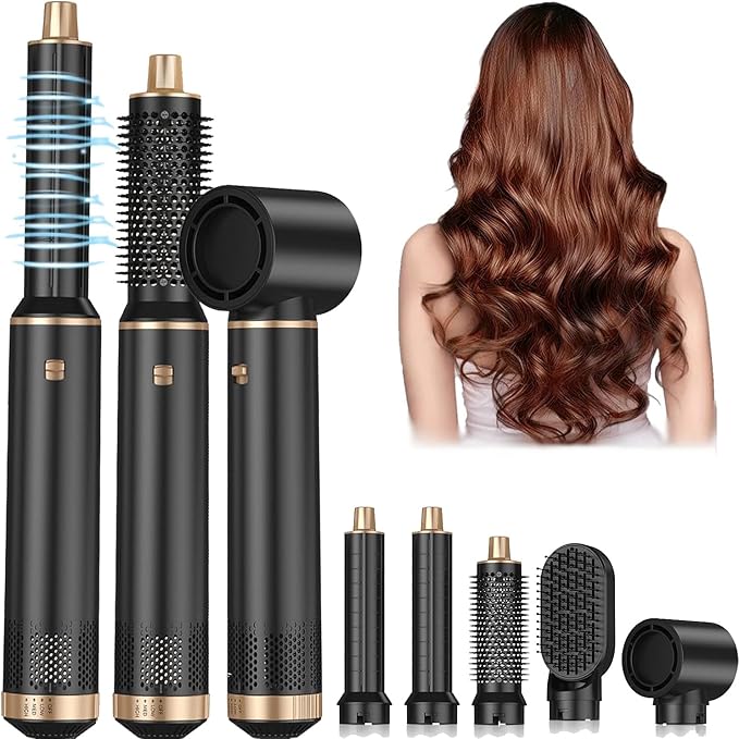 5 in 1 Hot Air Blow Dryer Hair Curler Detachable Brush Set in Black Gold NEW