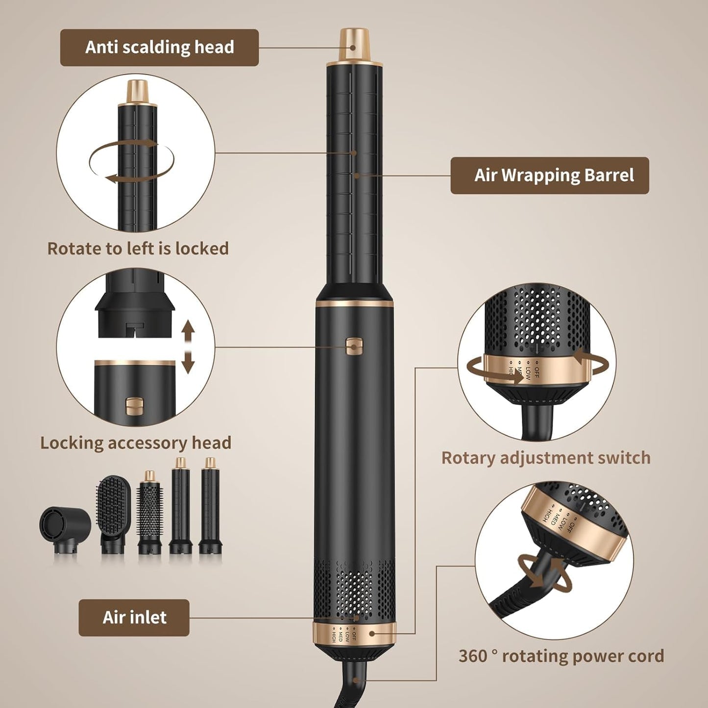 5 in 1 Hot Air Blow Dryer Hair Curler Detachable Brush Set in Black Gold NEW