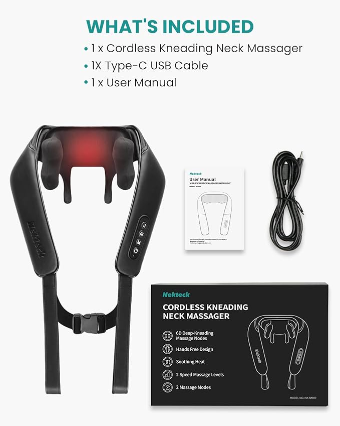 Nekteck NM-09 Cordless Kneading Neck 6 Dimension Massager with Heat NEW