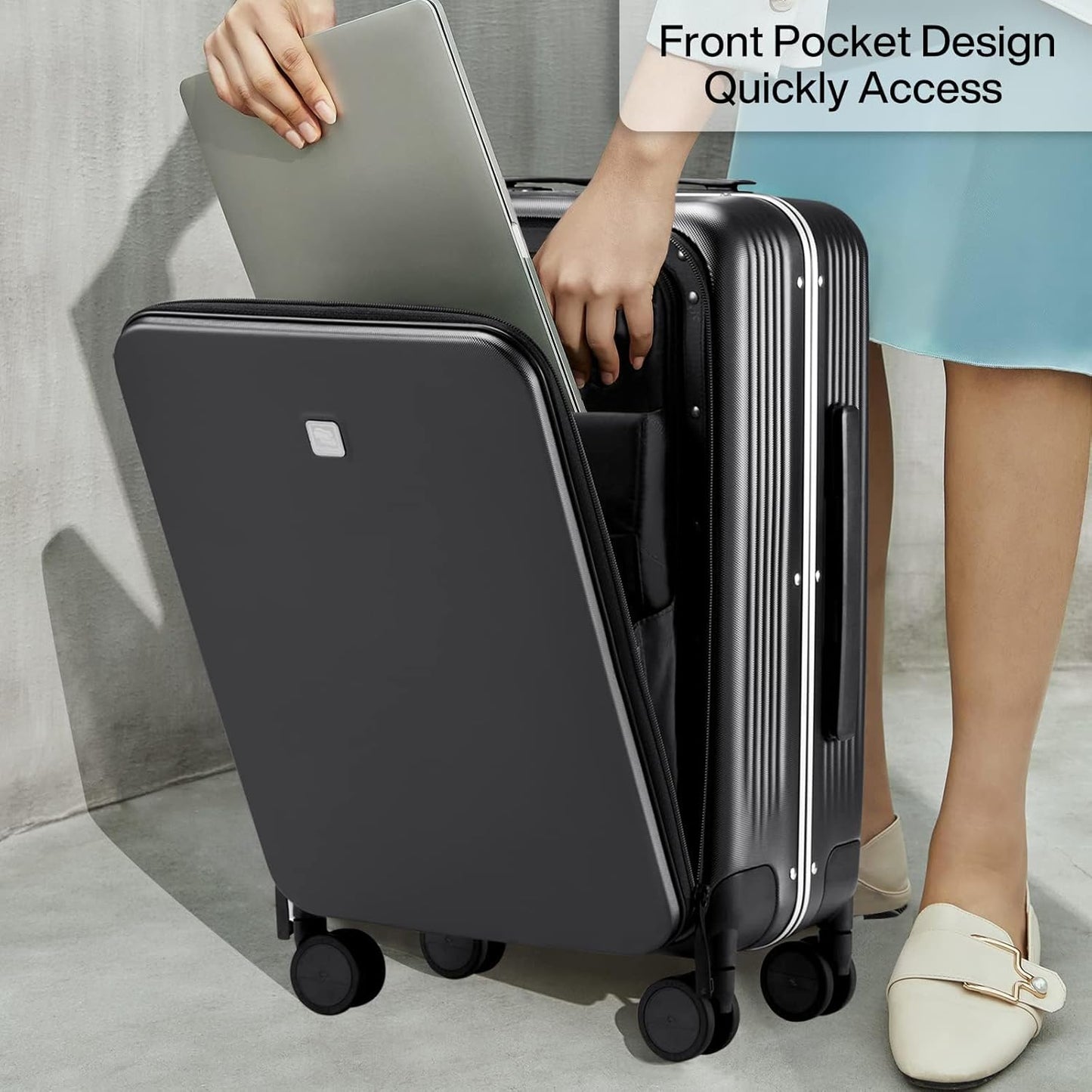 Hanke Black Carry On Luggage Open Top 20" TSA Lockable Hardshell Suitcase NEW