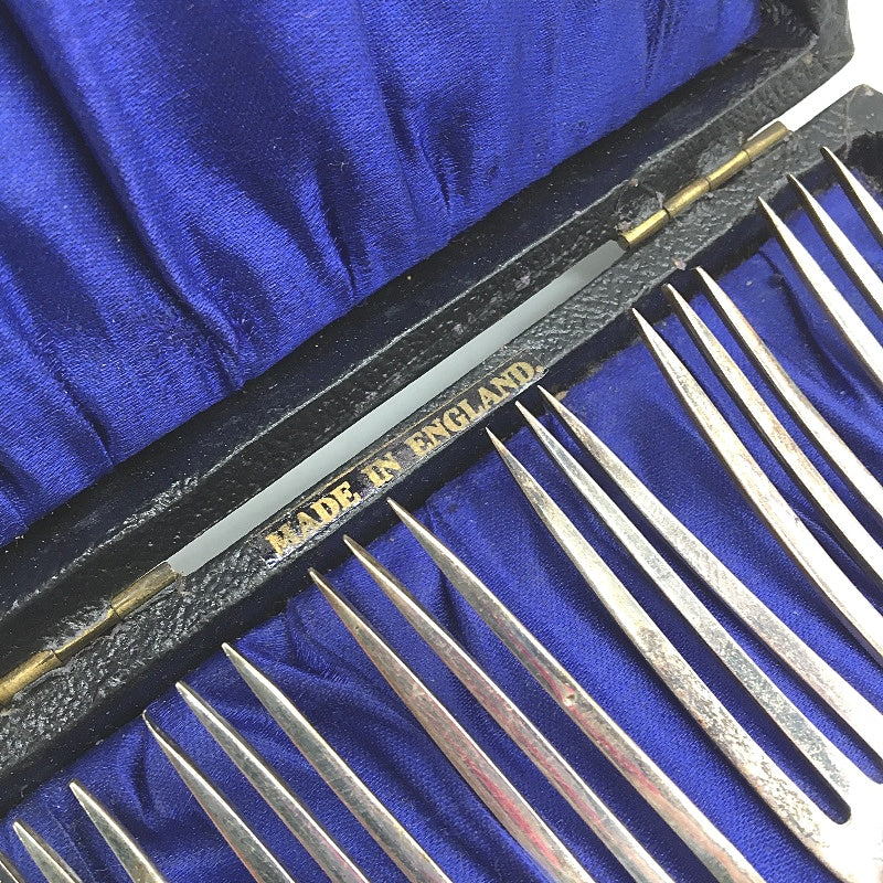 VINTAGE 6 Piece Made In England EPNS Plated Entree Mini Forks In Original Case