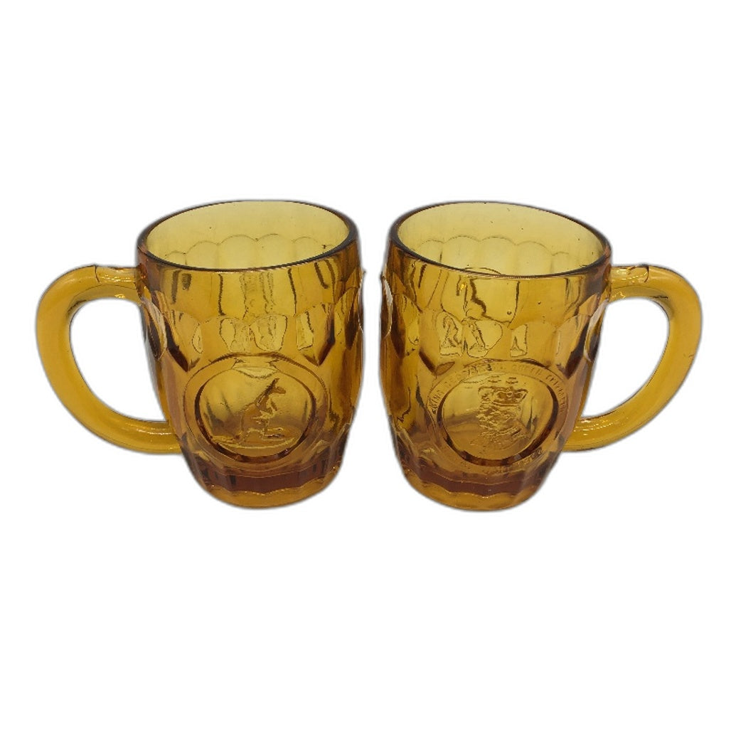 VINTAGE Set of 2 1952 King George Royal Visit Commemorative Amber Glass Mugs