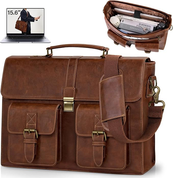 Lubardy Brown PU Leather Waterproof Computer Laptop Messenger Bag Satchel NEW
