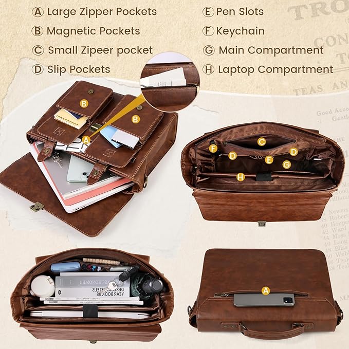 Lubardy Brown PU Leather Waterproof Computer Laptop Messenger Bag Satchel NEW